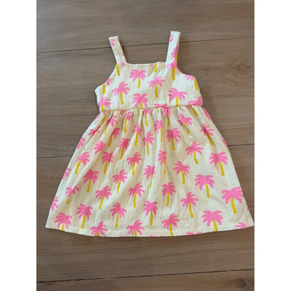 Zara Kids Girls Pink Palm Tree Print Cutout Back Dress Cream Size 5-6 116cm